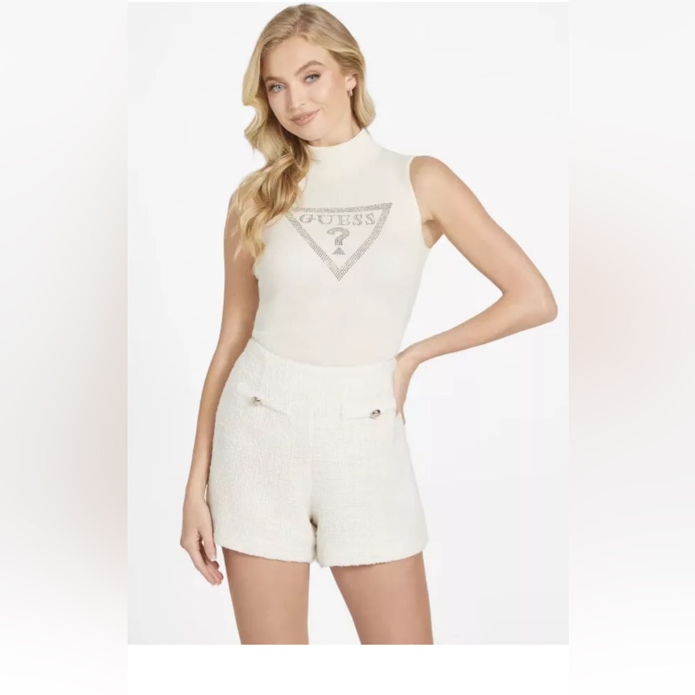 NEW GUESS Ebony Turtle Neck Sweater Tank Sparkle Logo Sleeveless White Size M